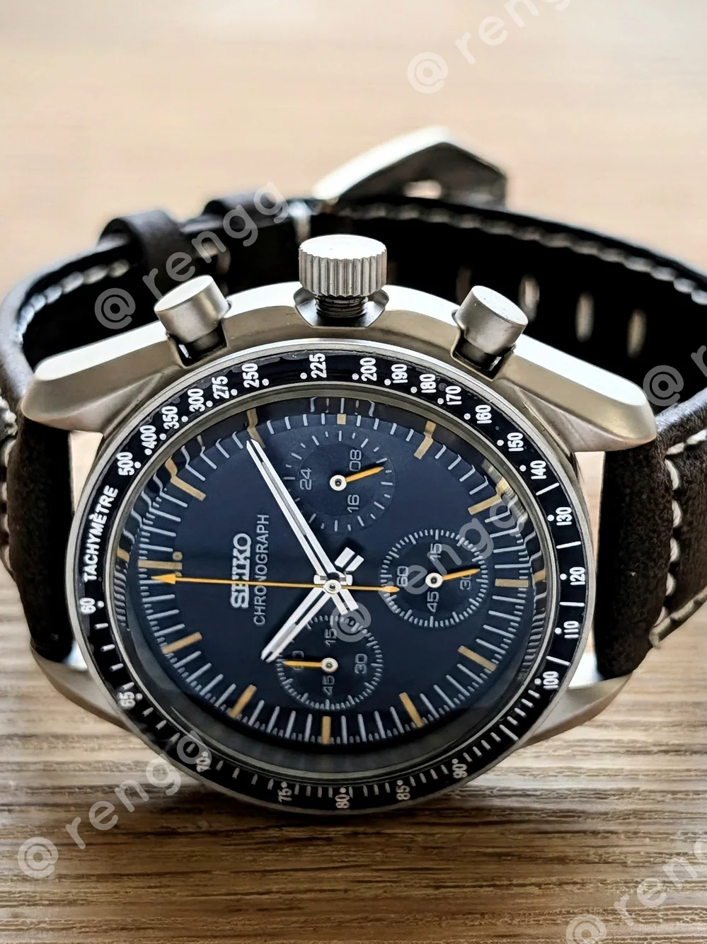 40mm Titanium Seiko Chronograph Black Dial Mod Watch with Brown Strap
